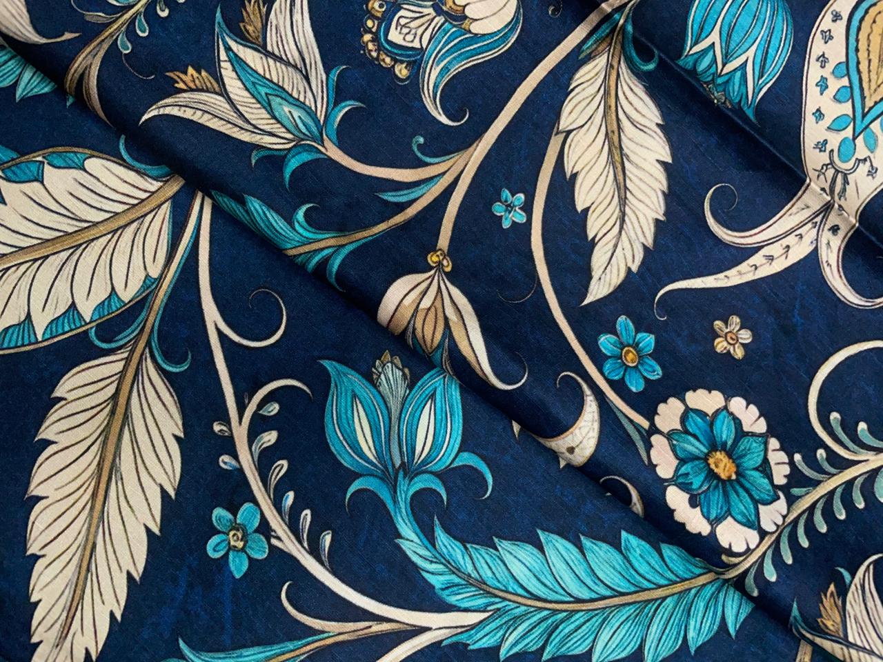 Navy Blue Floral Linen Satin Fabric Kapdashop