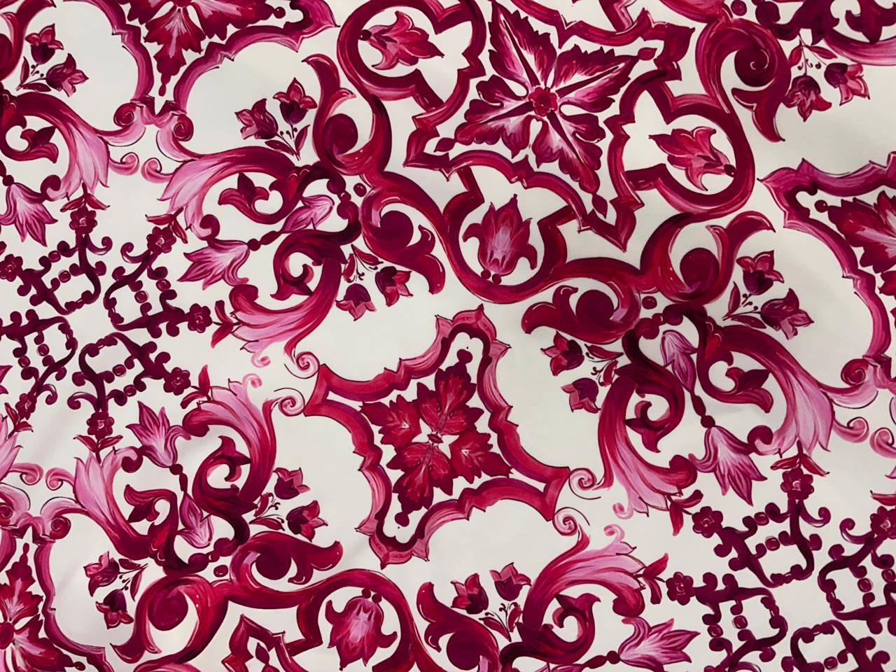 White Maroon Abstract Japanese Crepe Fabric Kapdashop