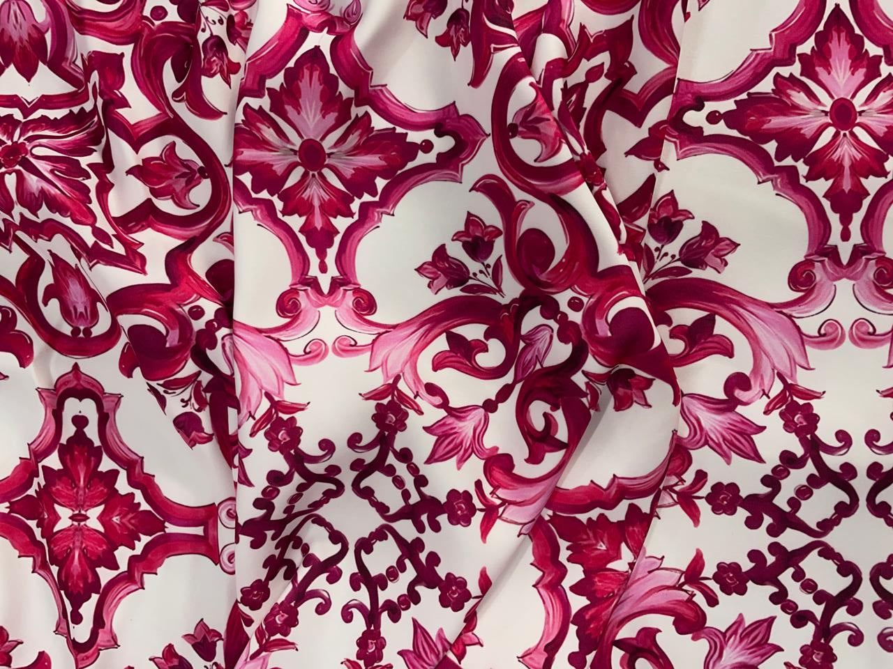 White Maroon Abstract Japanese Crepe Fabric KTEX