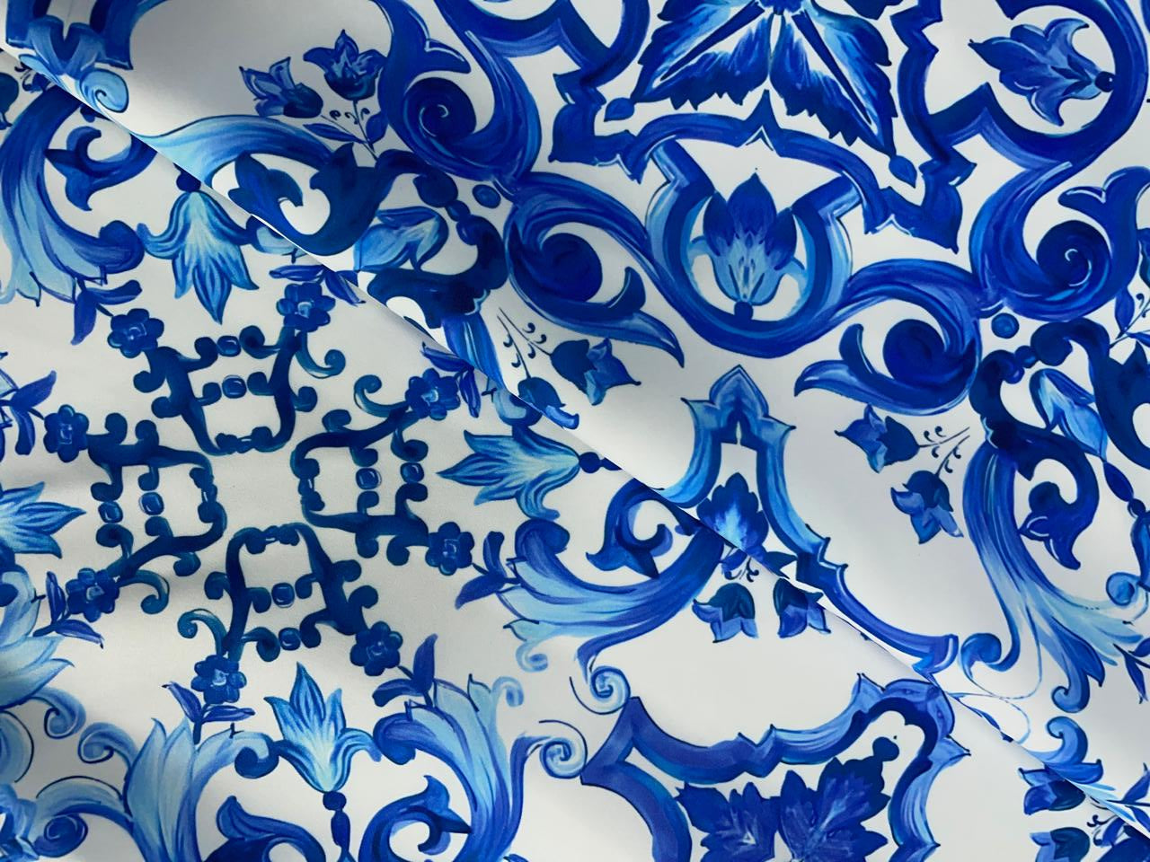 White Blue Abstract Japanese Crepe Fabric KTEX