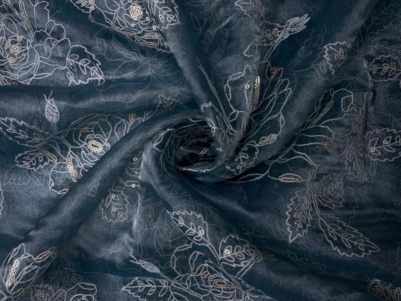 Teal Blue Floral Pure Tissue Embroidered Kapdashop