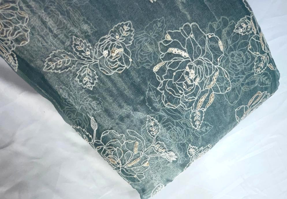 Teal Blue Floral Pure Tissue Embroidered Kapdashop