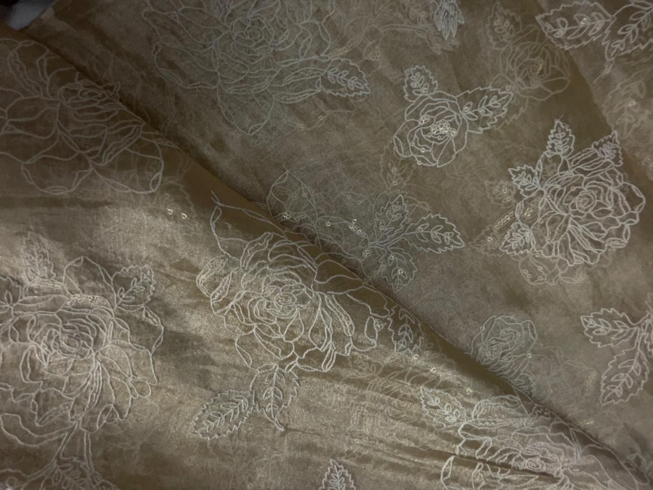 Beige Floral Pure Tissue Embroidered Kapdashop