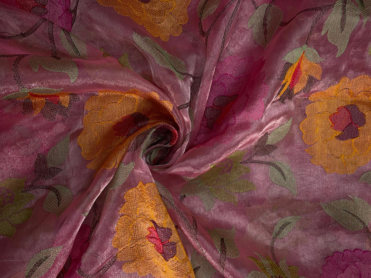 Pink Floral Pure Tissue Embroidered Kapdashop