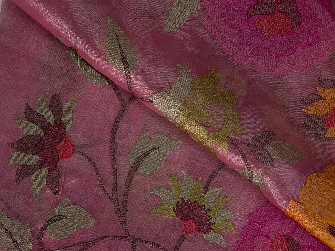 Pink Floral Pure Tissue Embroidered Kapdashop