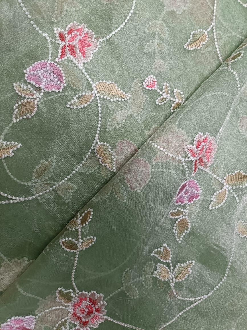 Sea Green Floral Pure Tissue Embroidered Kapdashop