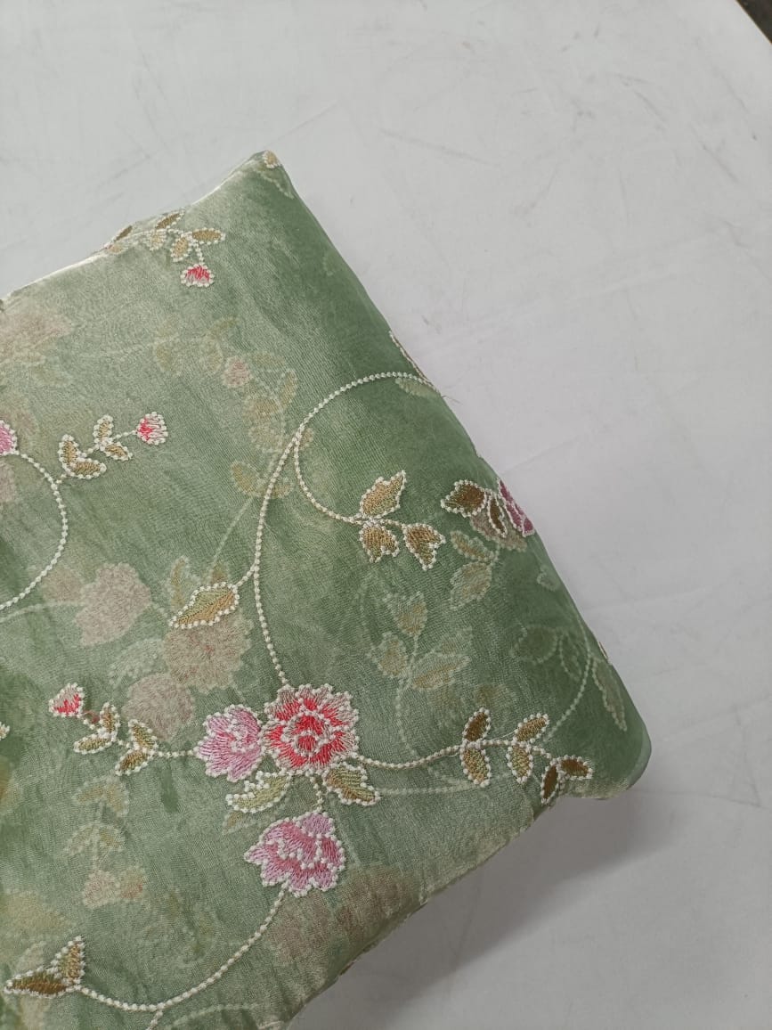 Sea Green Floral Pure Tissue Embroidered Kapdashop