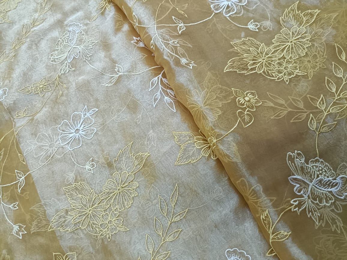 Light Mustard Floral Pure Tissue Embroidered Kapdashop