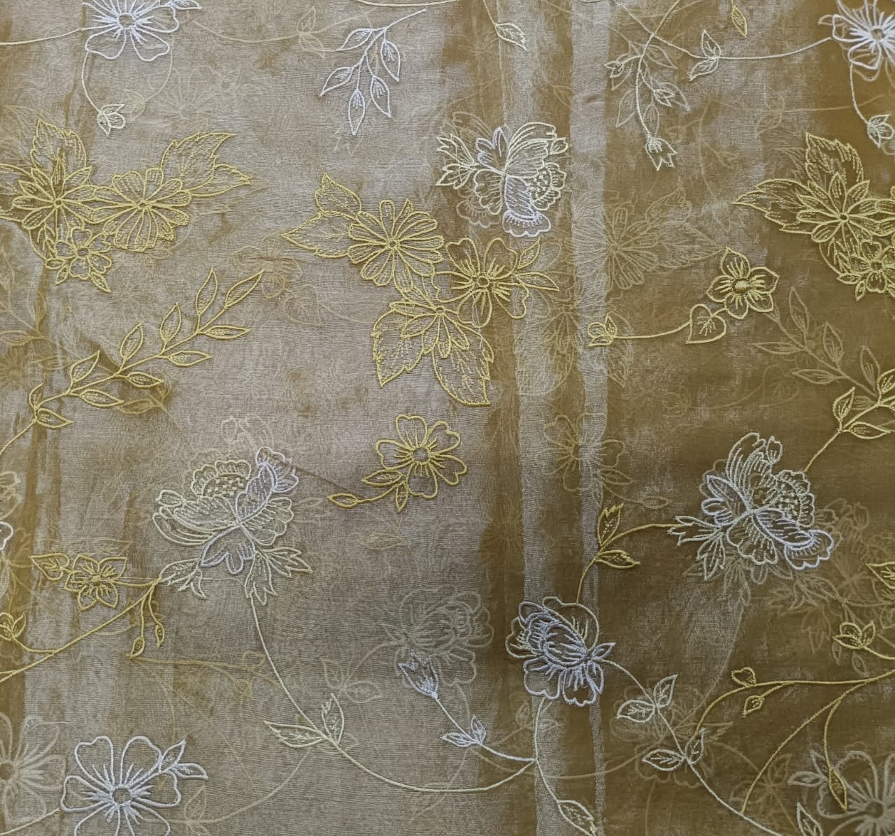 Light Mustard Floral Pure Tissue Embroidered Kapdashop