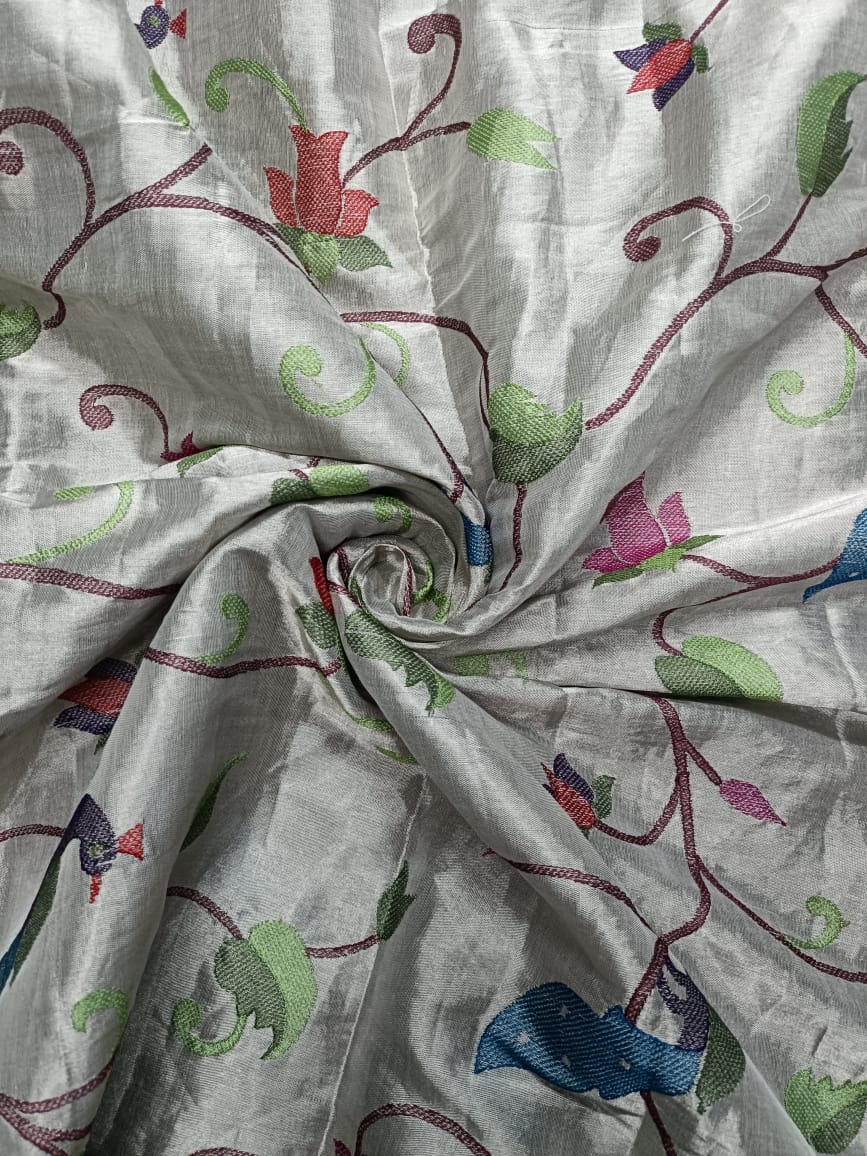 Silver Floral Pure Tissue Embroidered Kapdashop