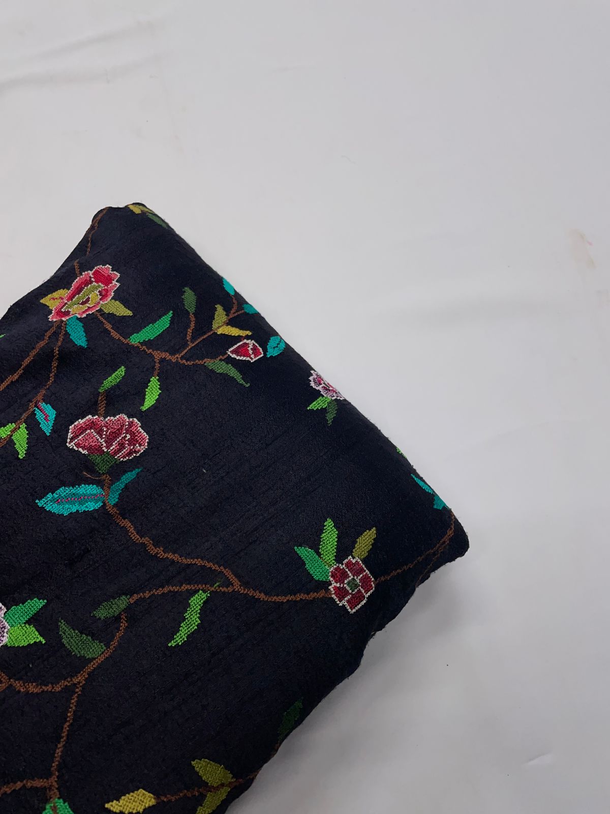 Black Floral Pure Raw Silk Embroiderd Fabric Kapdashop