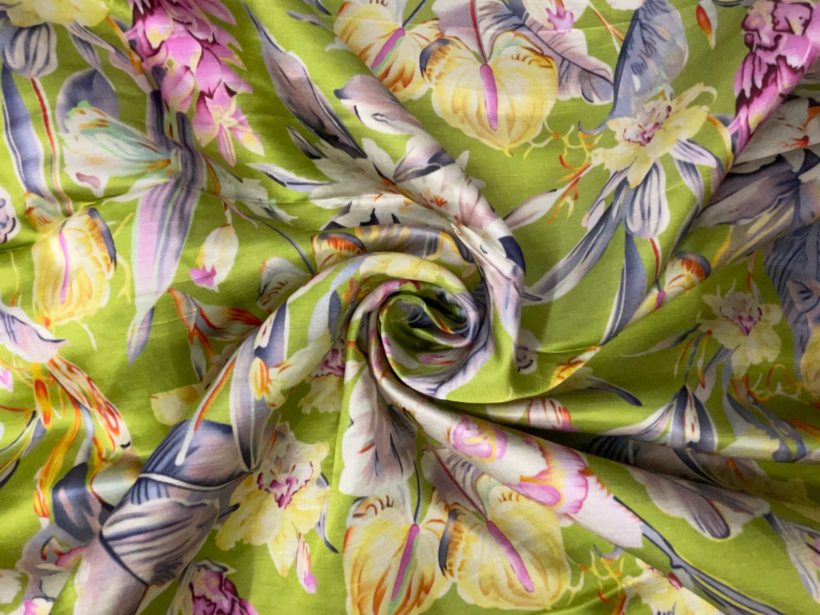 Green Floral Linen Satin Fabric Kapdashop