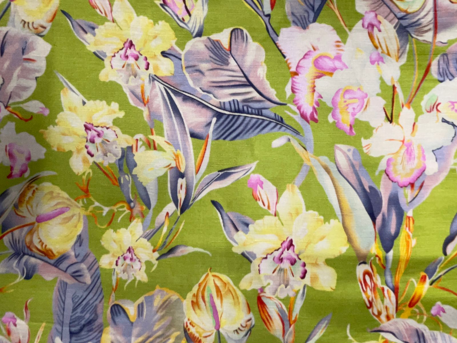 Green Floral Linen Satin Fabric Kapdashop