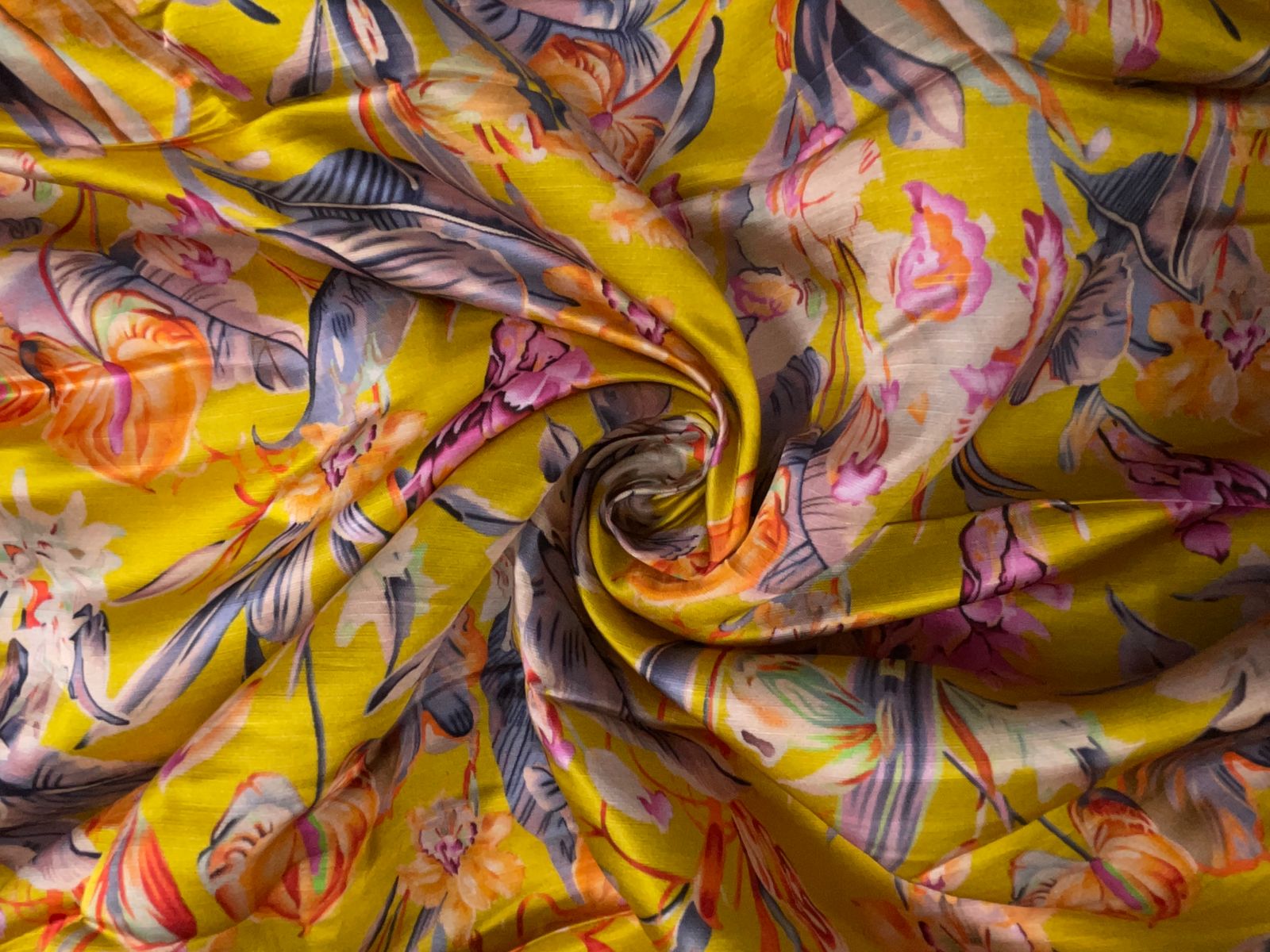 Mustard Multicolor Floral Linen Satin Fabric Kapdashop