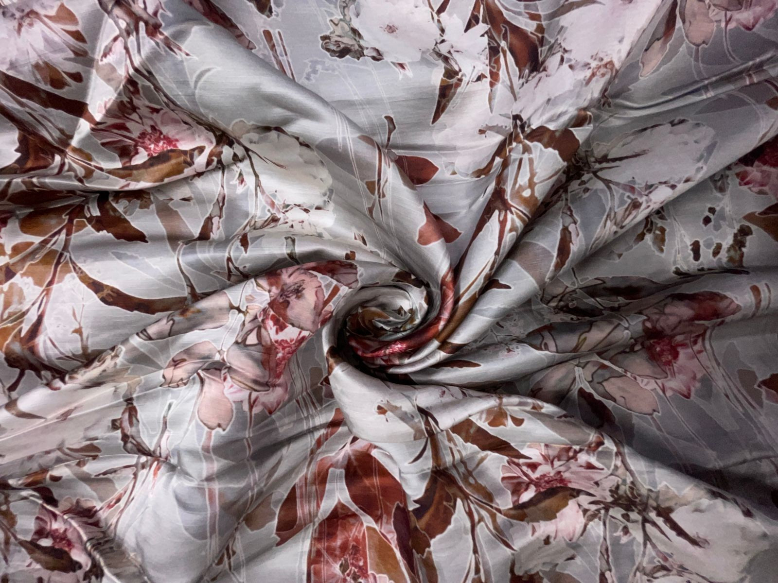 Grey Floral Linen Satin Fabric Kapdashop