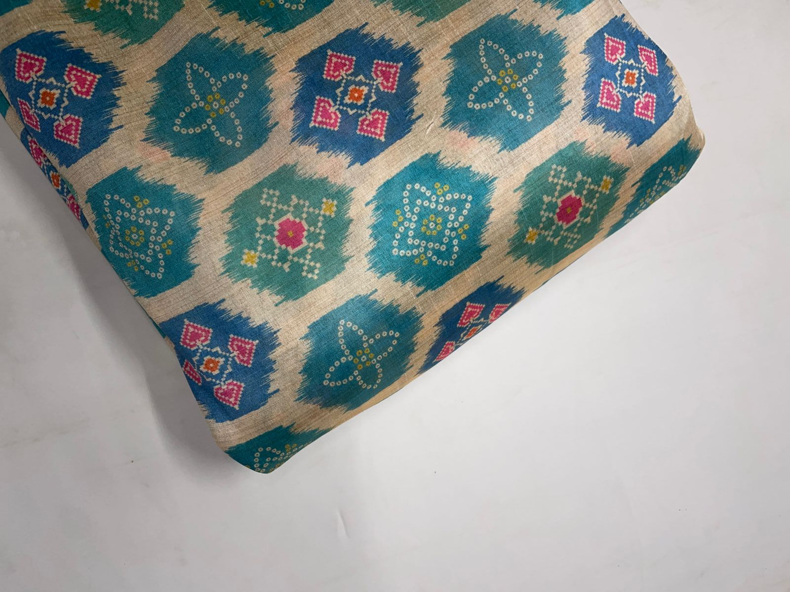 Cream & Sea Green Geometric Semi Tussar Fabric Kapdashop