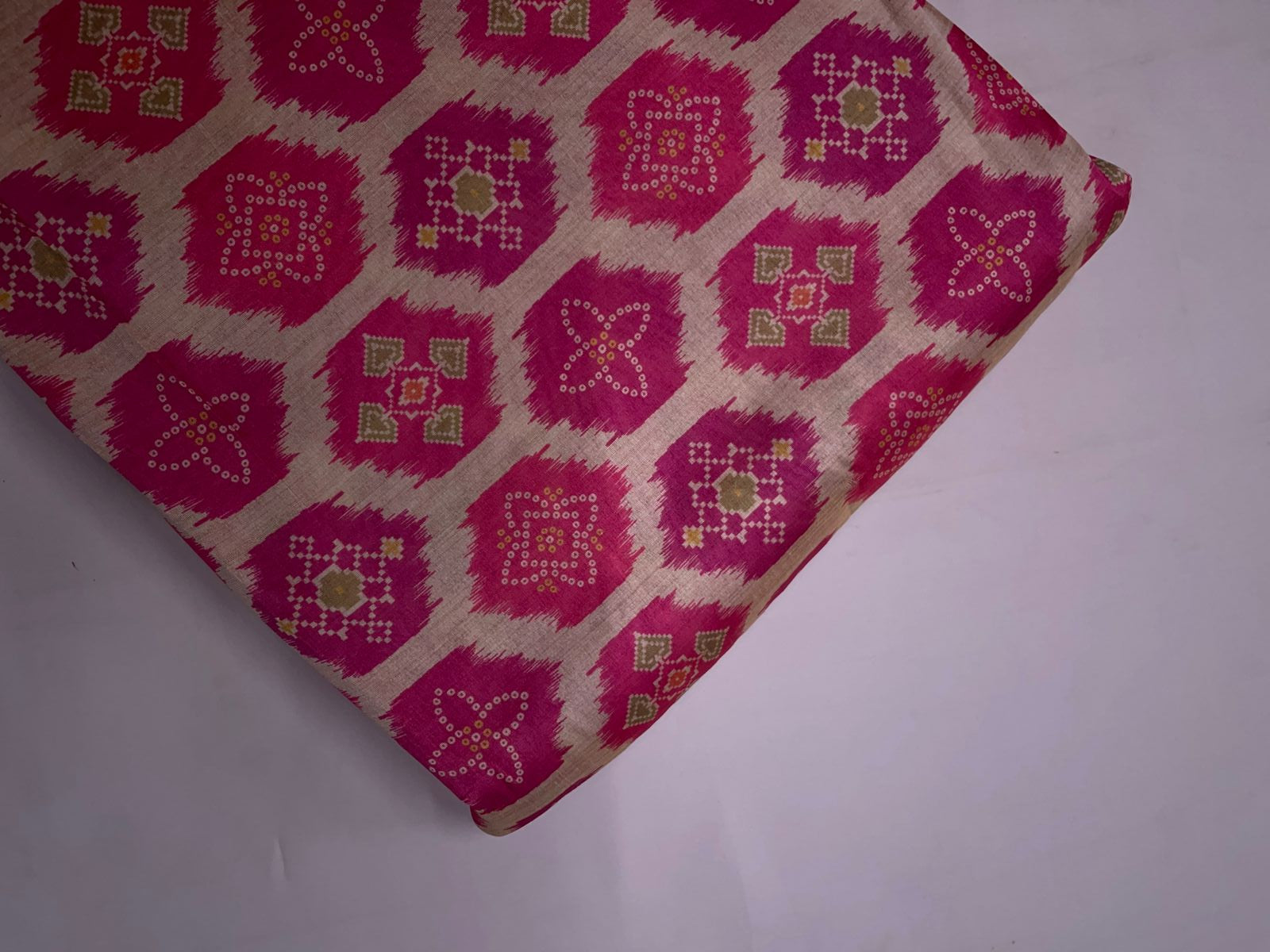 Cream & Pink Geometric Semi Tussar Fabric Kapdashop
