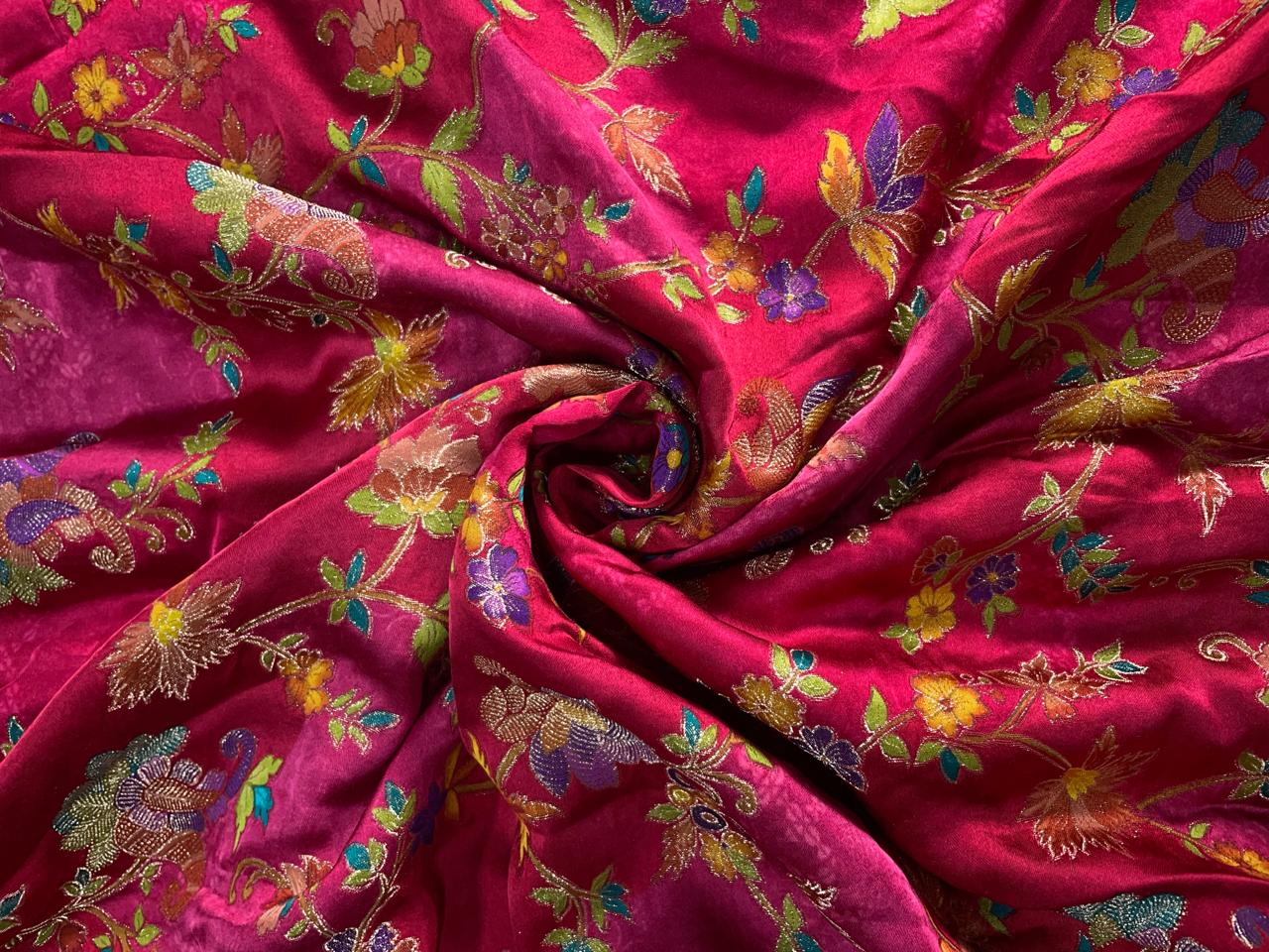 Magenta Floral Embroidered Satin Fabric Kapdashop