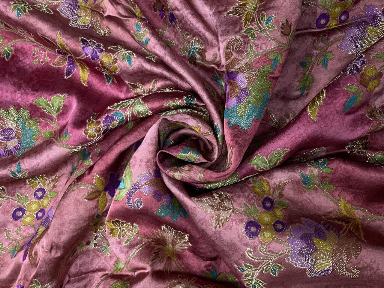Onion Pink Floral Embroidered Satin Fabric Kapdashop