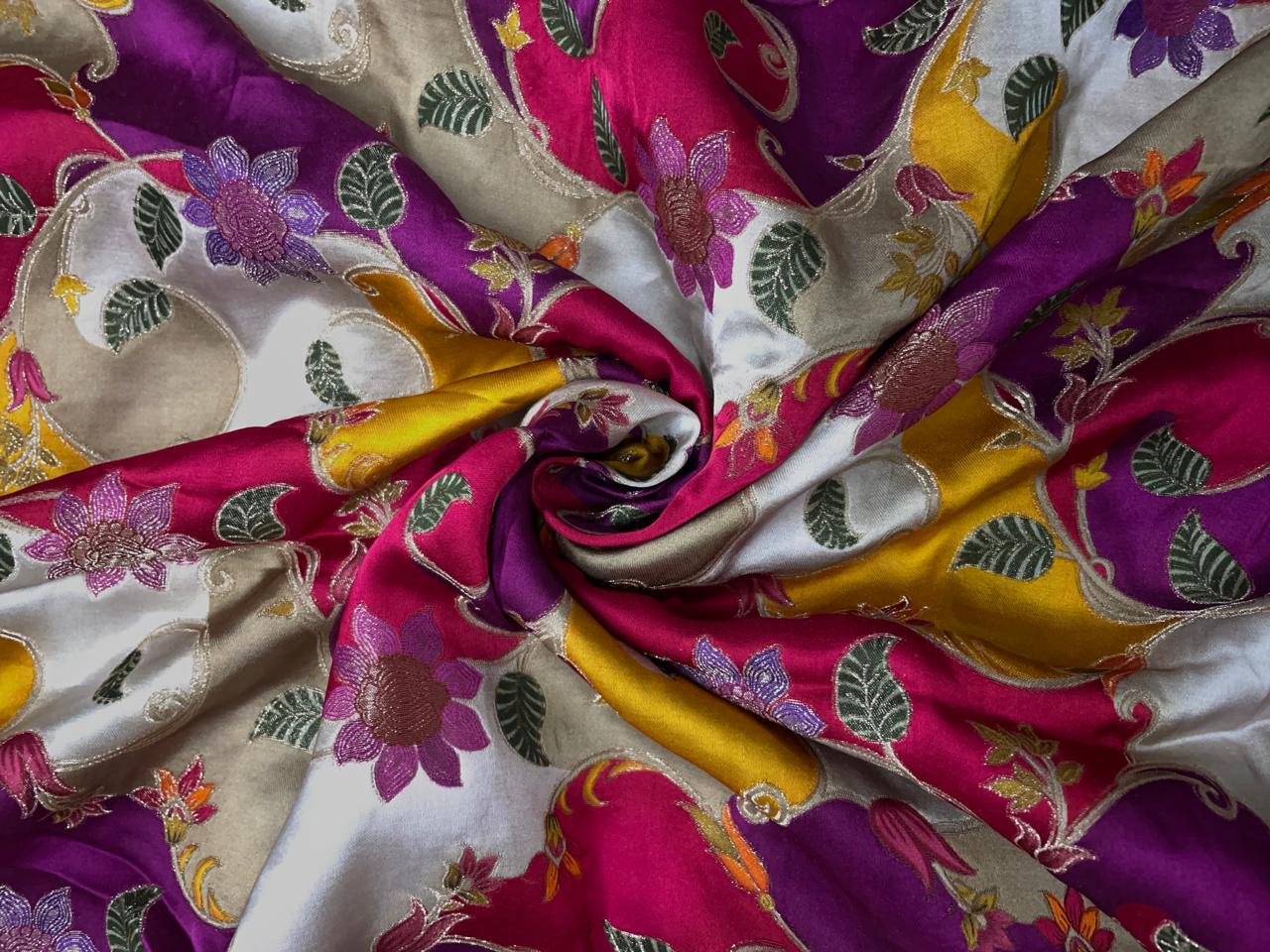 Multicolor Floral Embroidered Satin Fabric Kapdashop