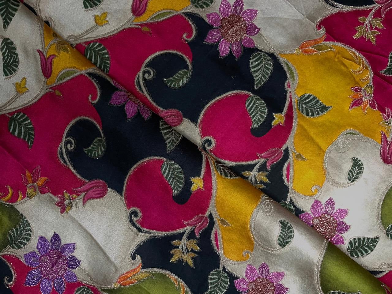 Multicolor Floral Embroidered Satin Fabric Kapdashop