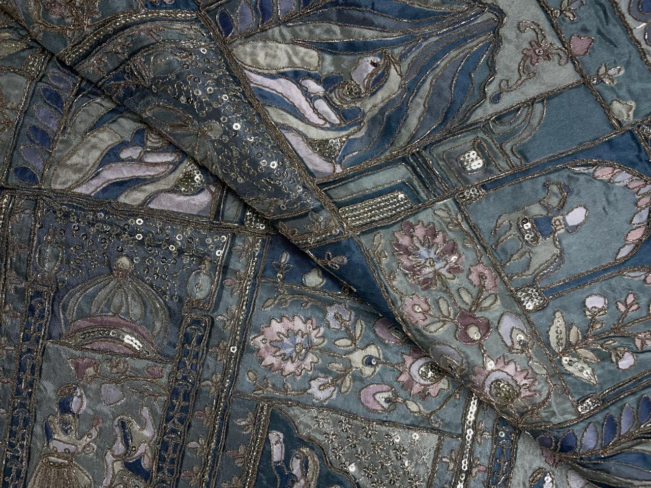 Sea Green Geometric Embroidered Silk Fabric Kapdashop