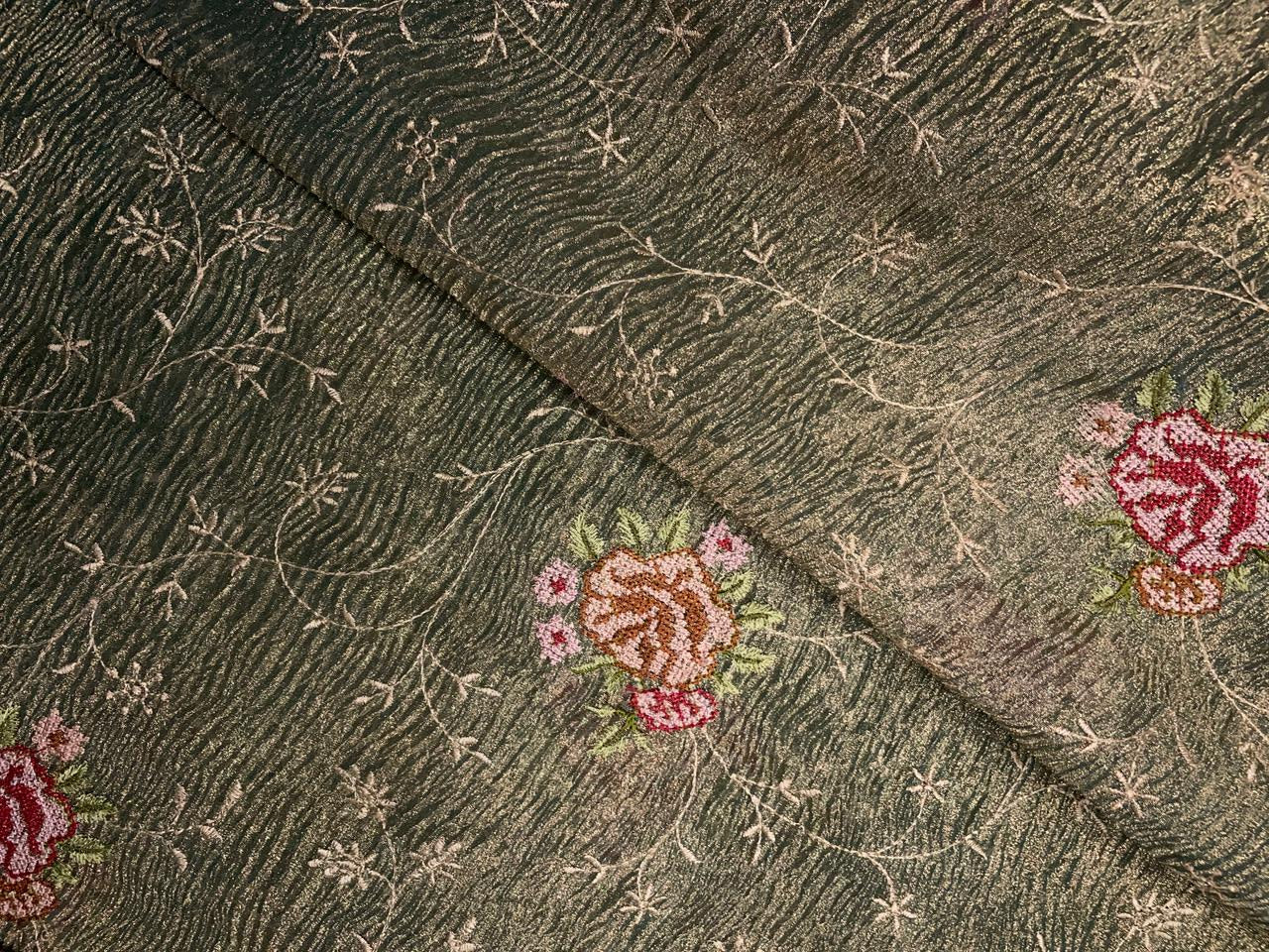 Rama Green Floral Crush Tissue Embroidery 44 Kapdashop