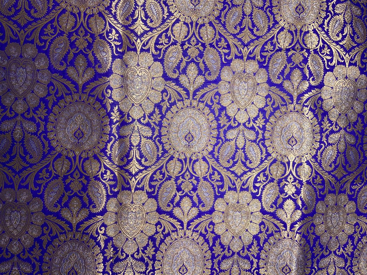 Royal Blue Gold Floral Semi Brocade Kapdashop
