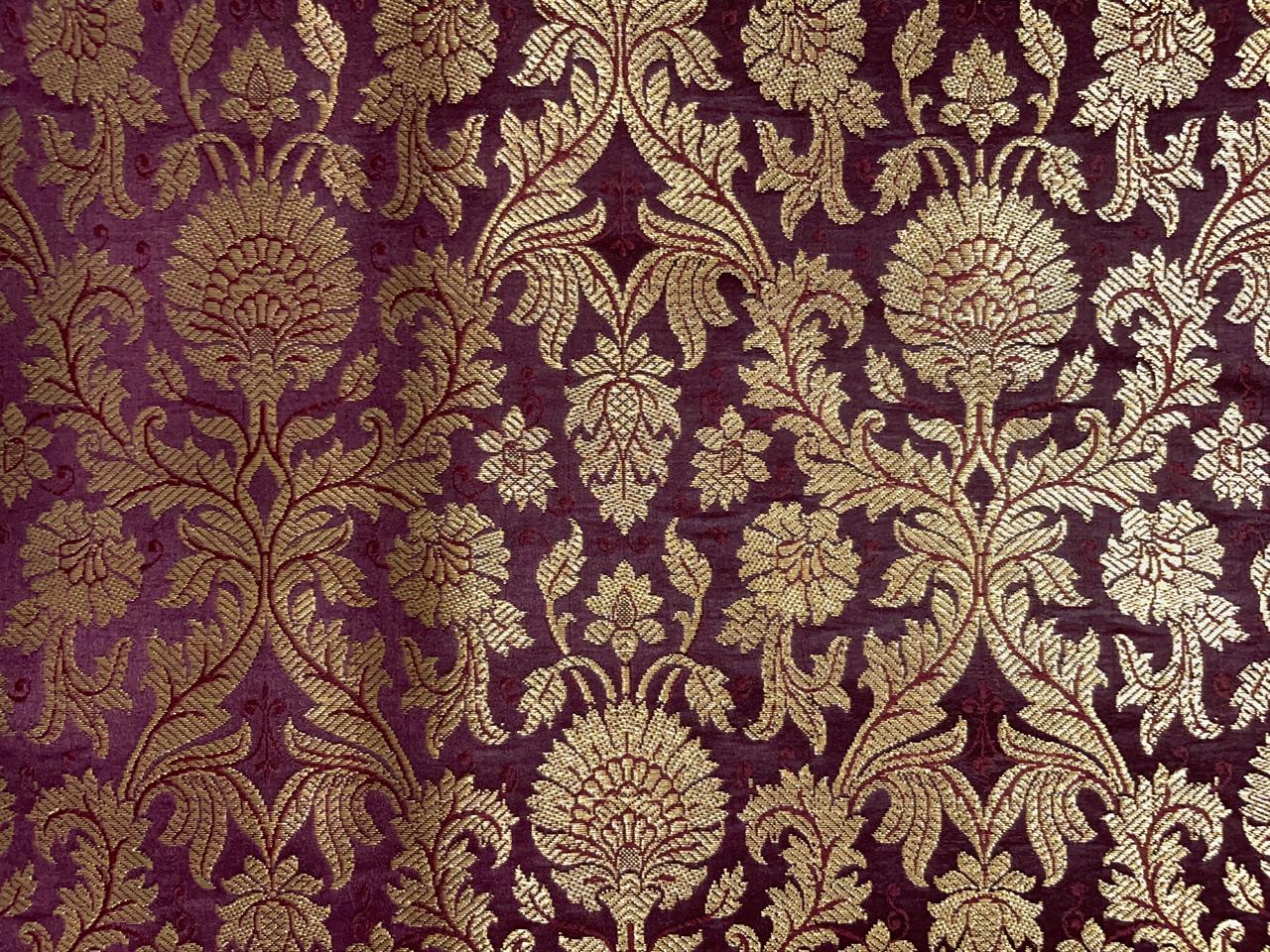 Wine Floral Semi Brocade Fabric Kapdashop