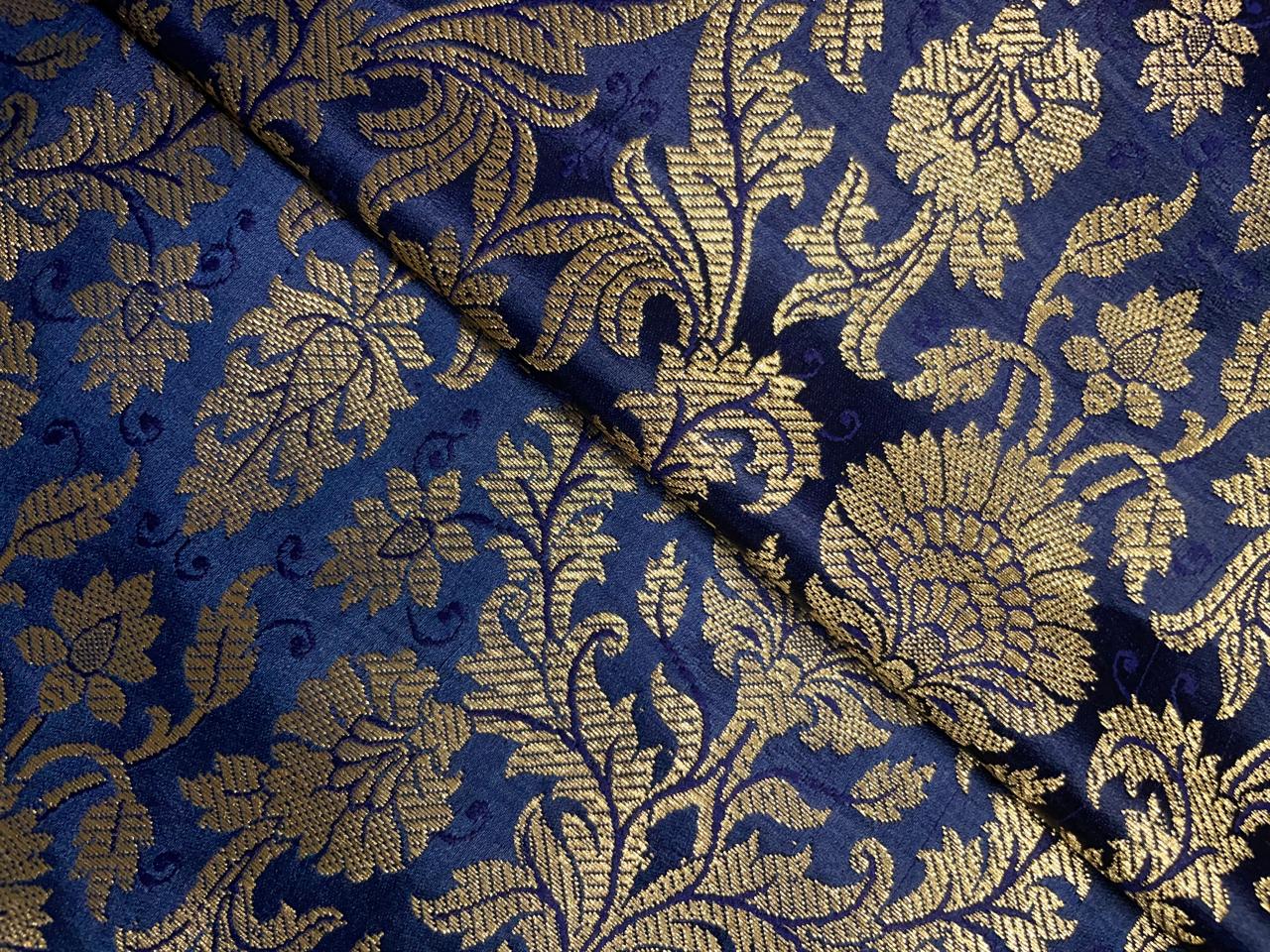 Navy Blue Floral Semi Brocade Kapdashop