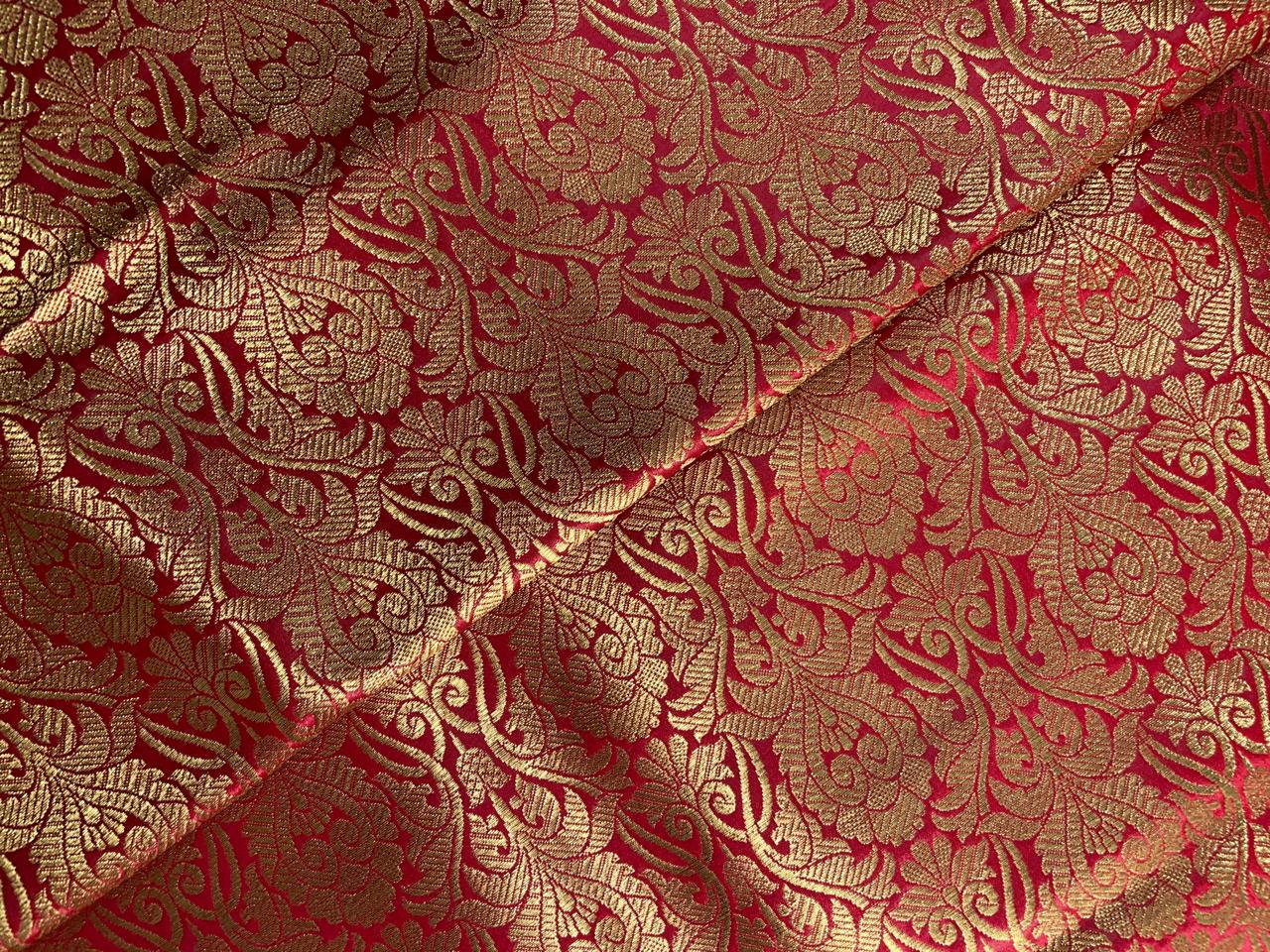 Red Floral Semi Brocade Fabric Kapdashop