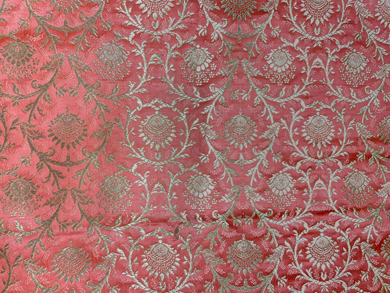 Orange Floral Semi Brocade Fabric Kapdashop