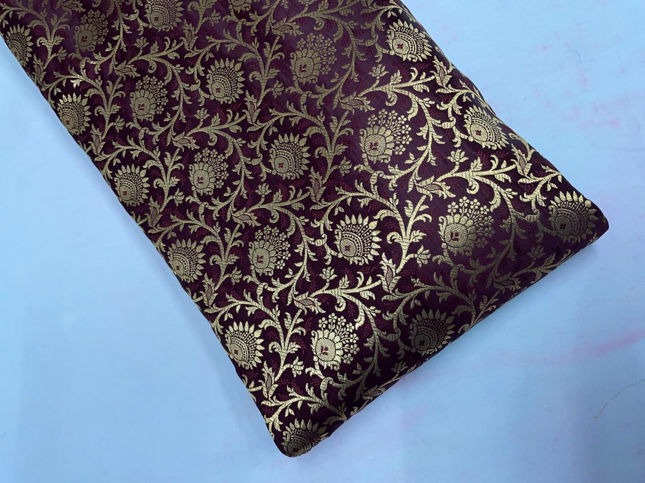 Wine Floral Semi Brocade Fabric Kapdashop