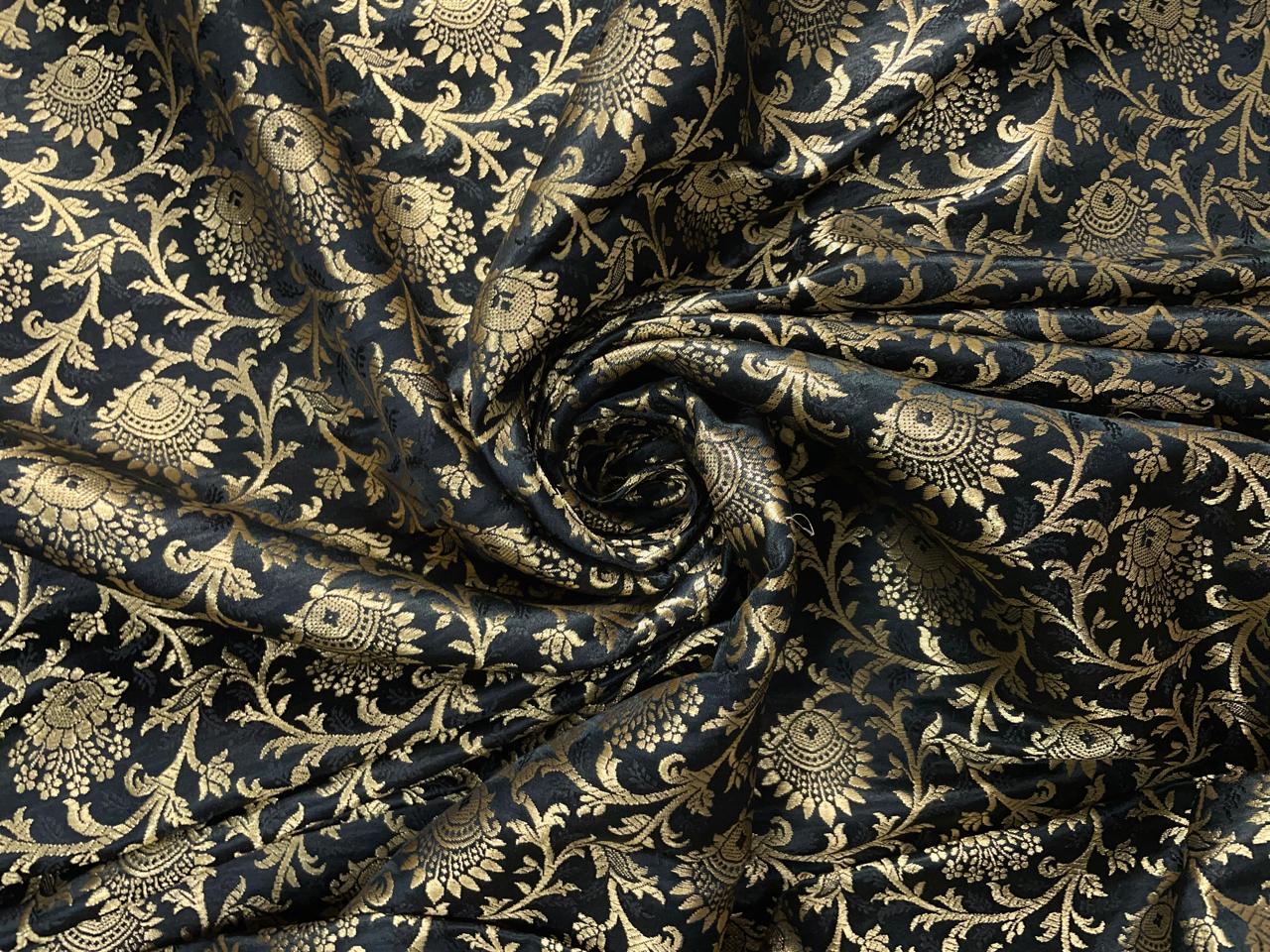 Black Floral Semi Brocade Fabric Kapdashop