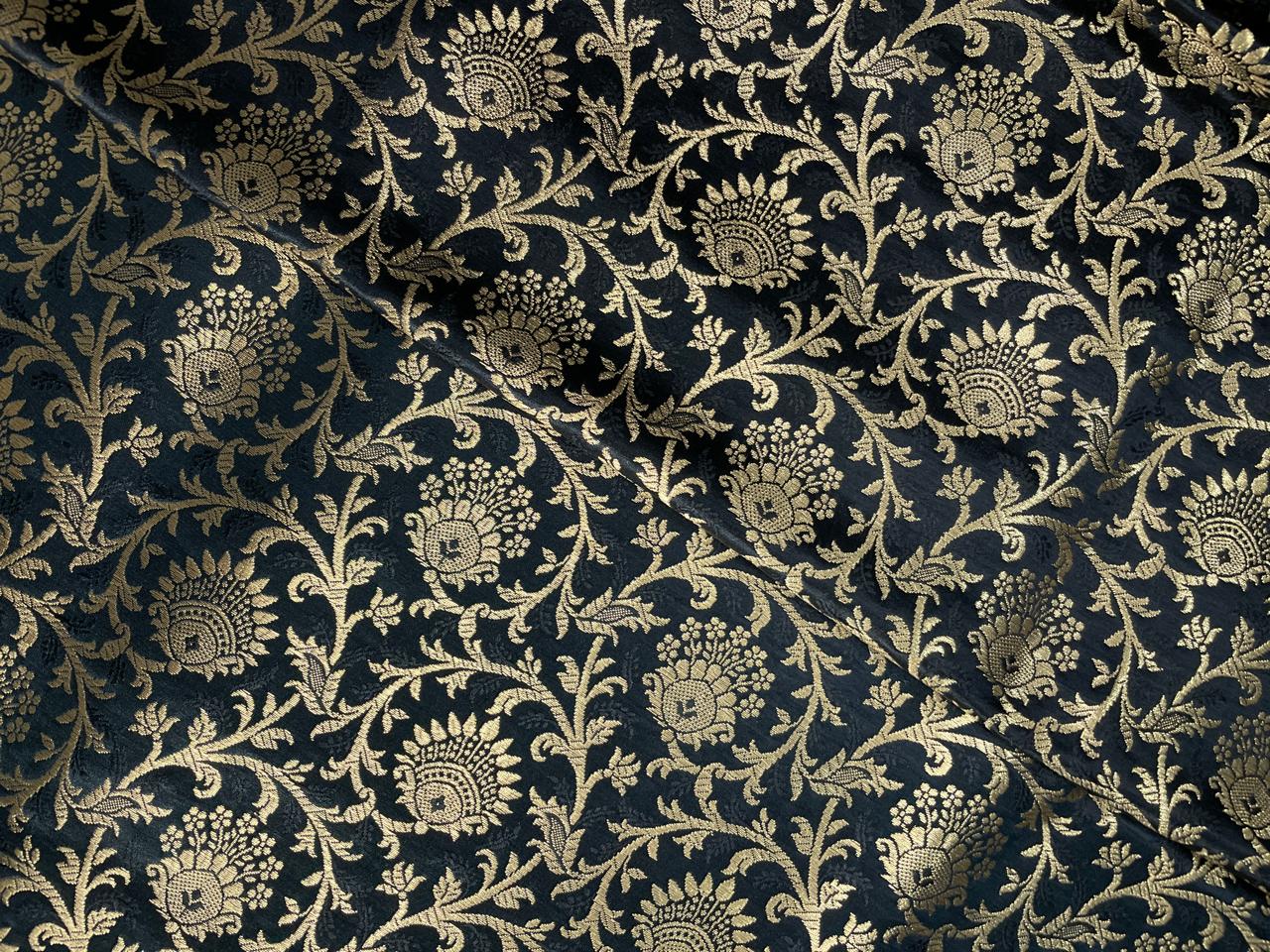 Black Floral Semi Brocade Fabric Kapdashop