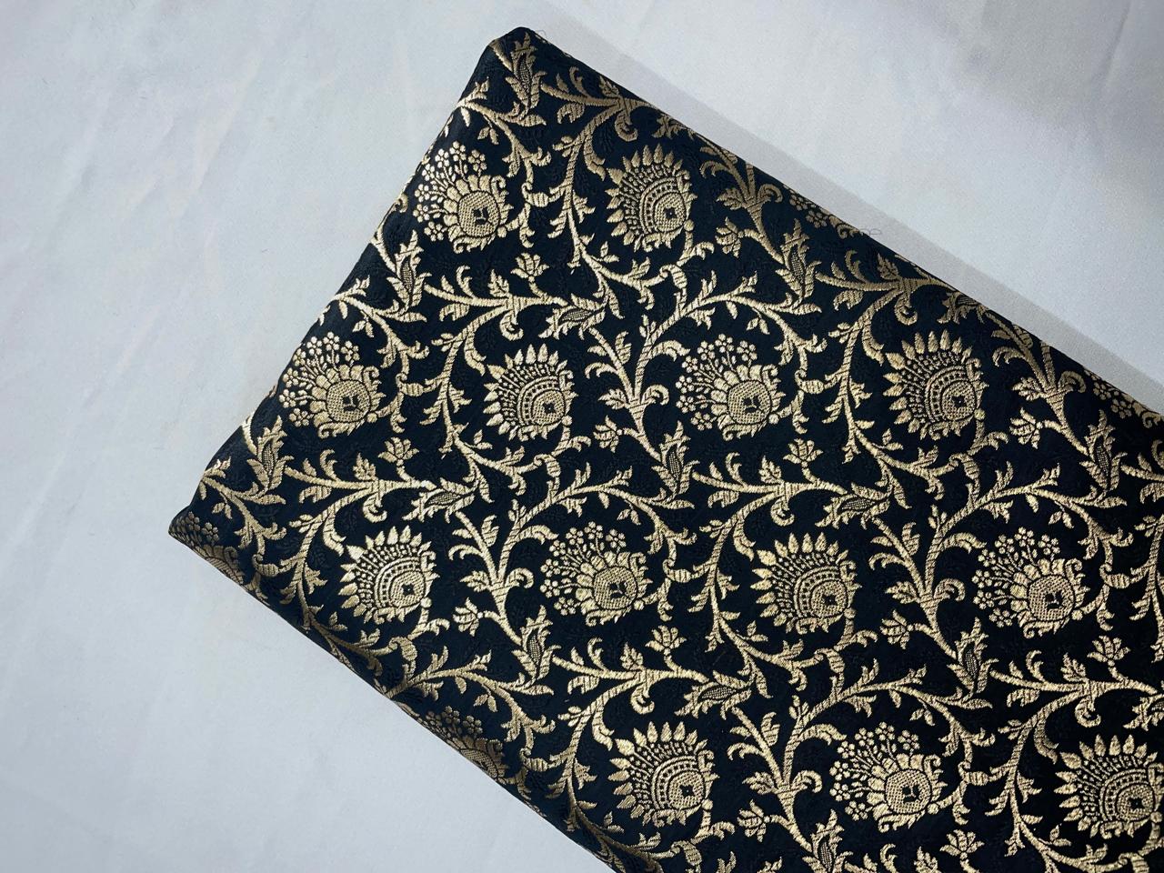 Black Floral Semi Brocade Fabric Kapdashop