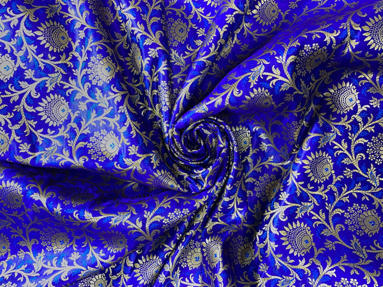 Royal Blue Floral Semi Brocade Fabric Kapdashop