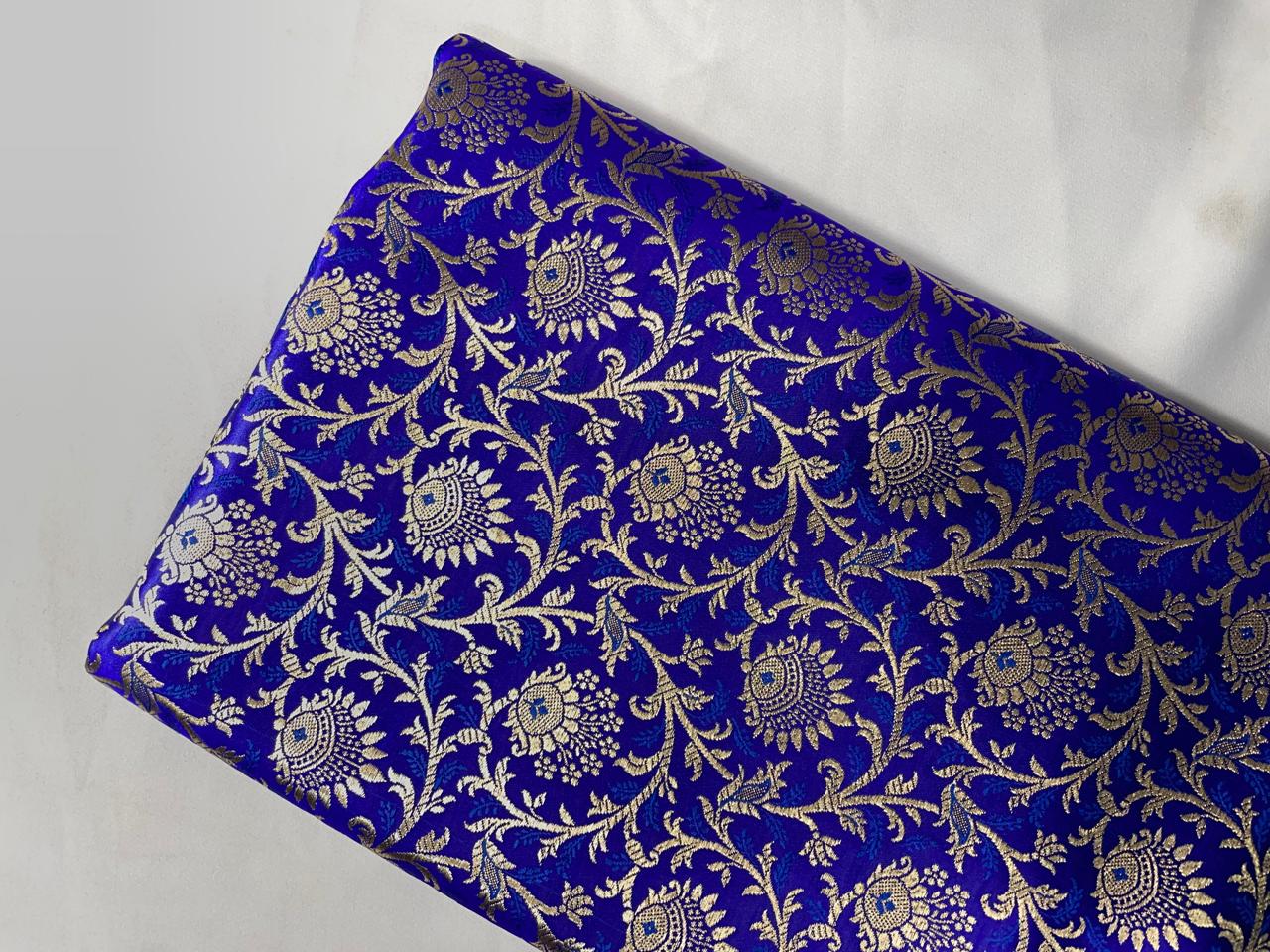 Royal Blue Floral Semi Brocade Fabric Kapdashop