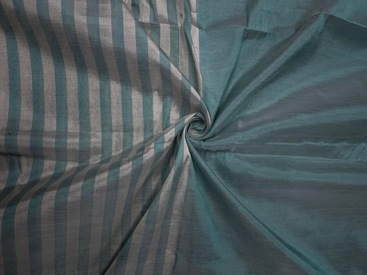 Sea Green & Gold Silver Stripes Pure Silk Tissue Fabric KTEX
