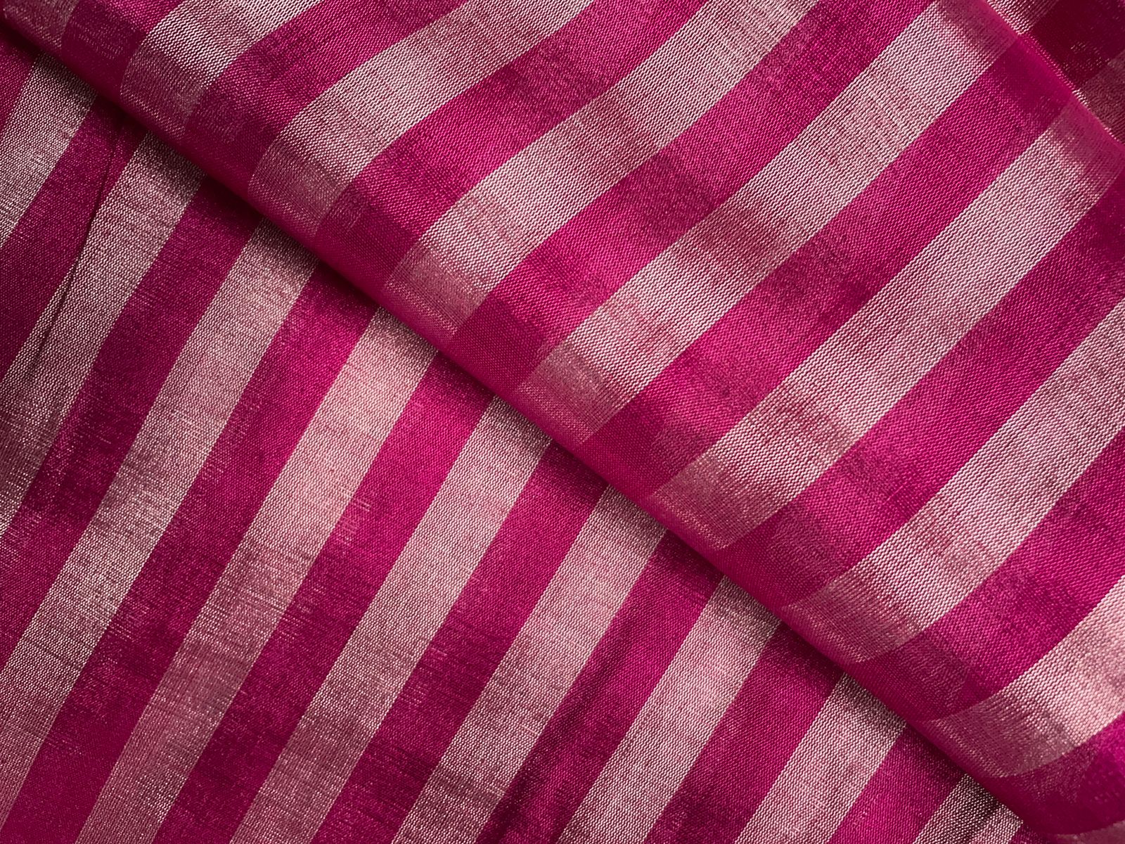 Magenta & Silver Stripes Pure Silk Tissue Fabric KTEX