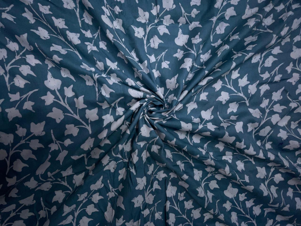 Greysblue & White Floral Modal Satin Fabric KTEX