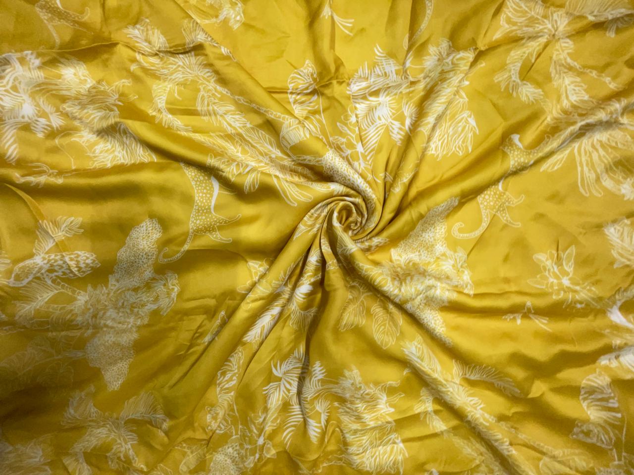 Yellow Floral Georgette Satin Fabric KTEX