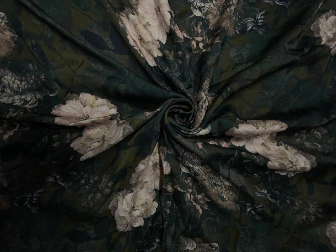 Bottle Green Floral Georgette Satin Fabric KTEX