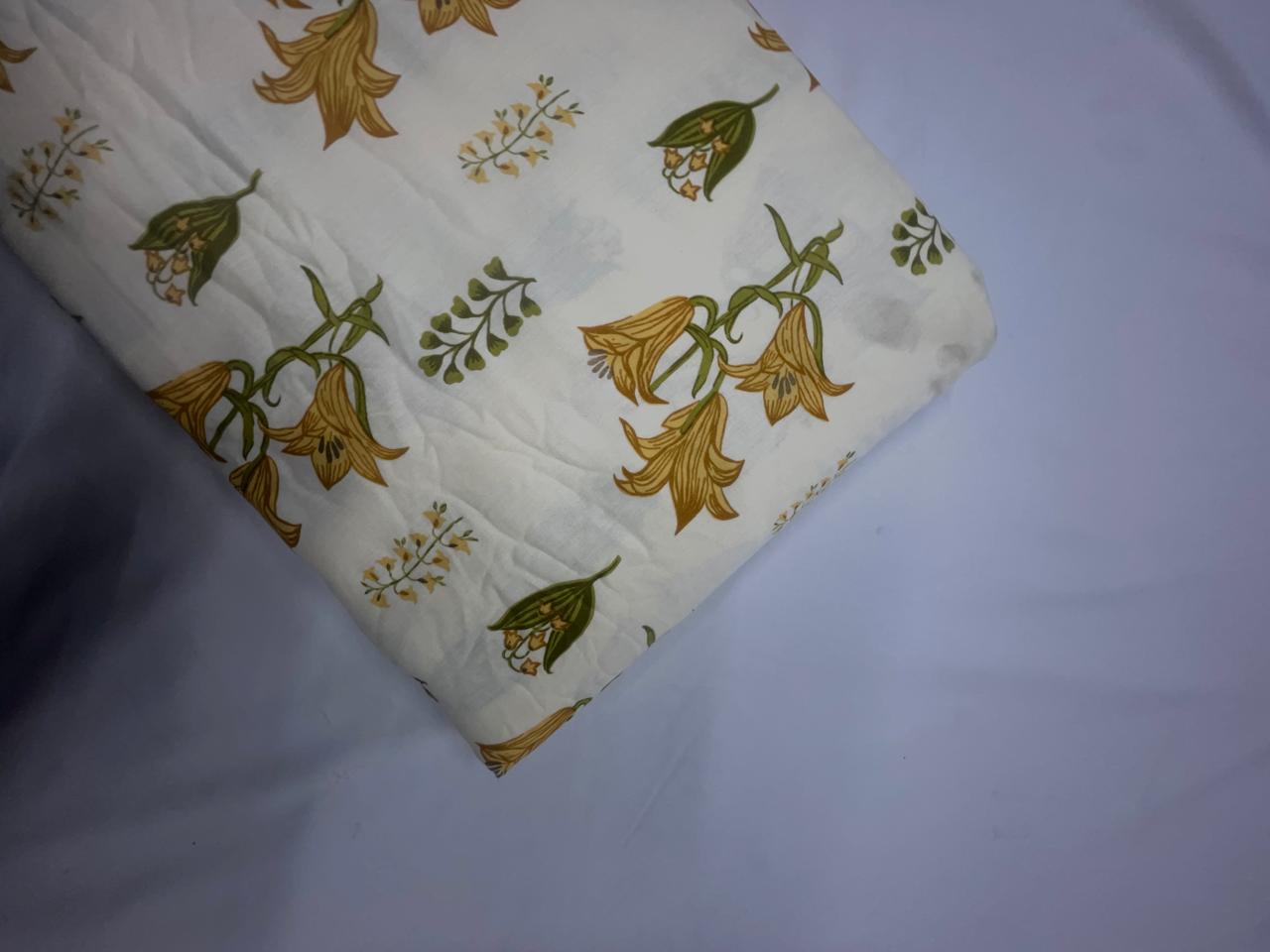 Cream Yellow Floral Cotton Slub Fabric KTEX