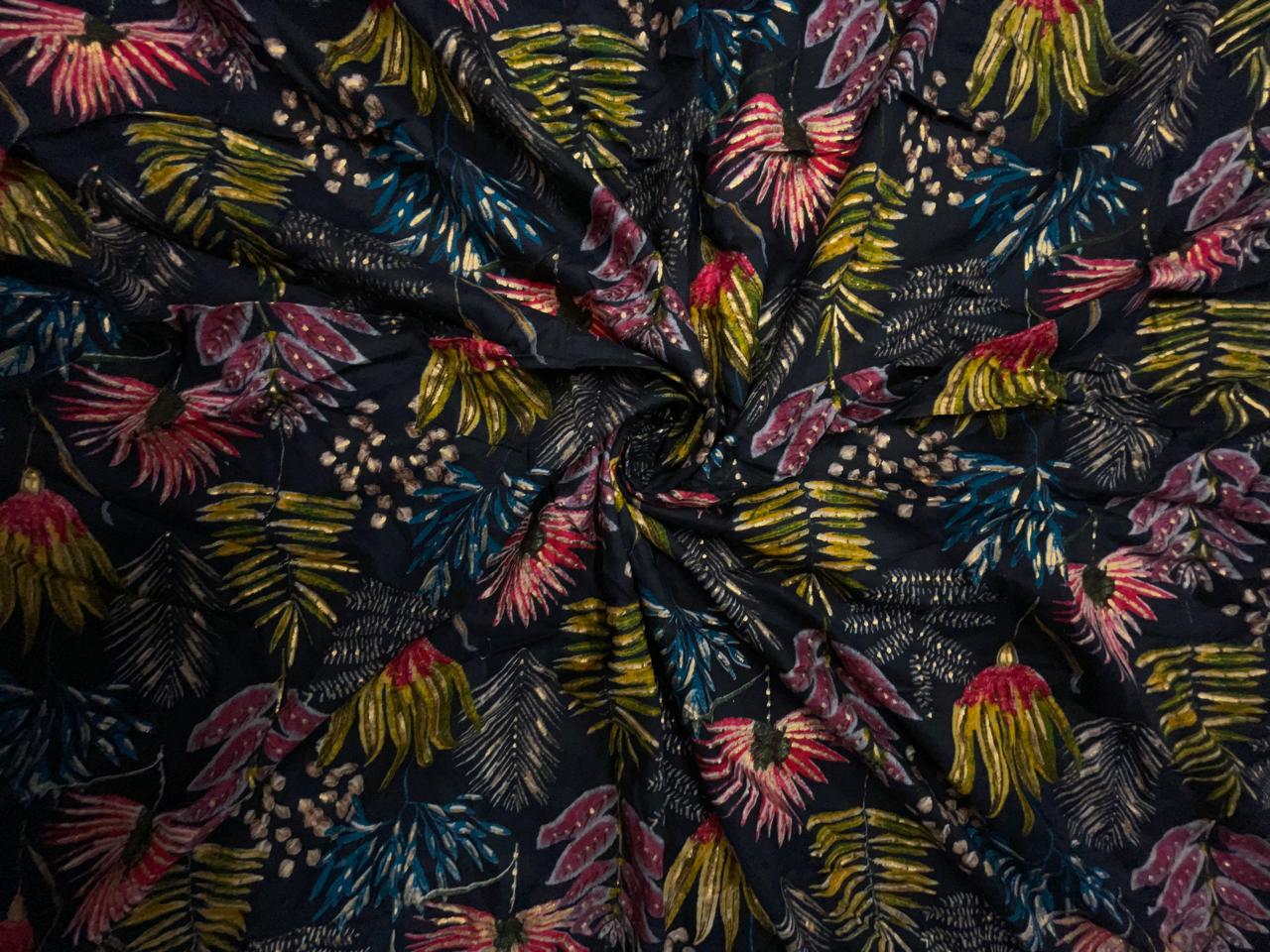 Navy Blue Floral Cotton Rayon Fabric KTEX