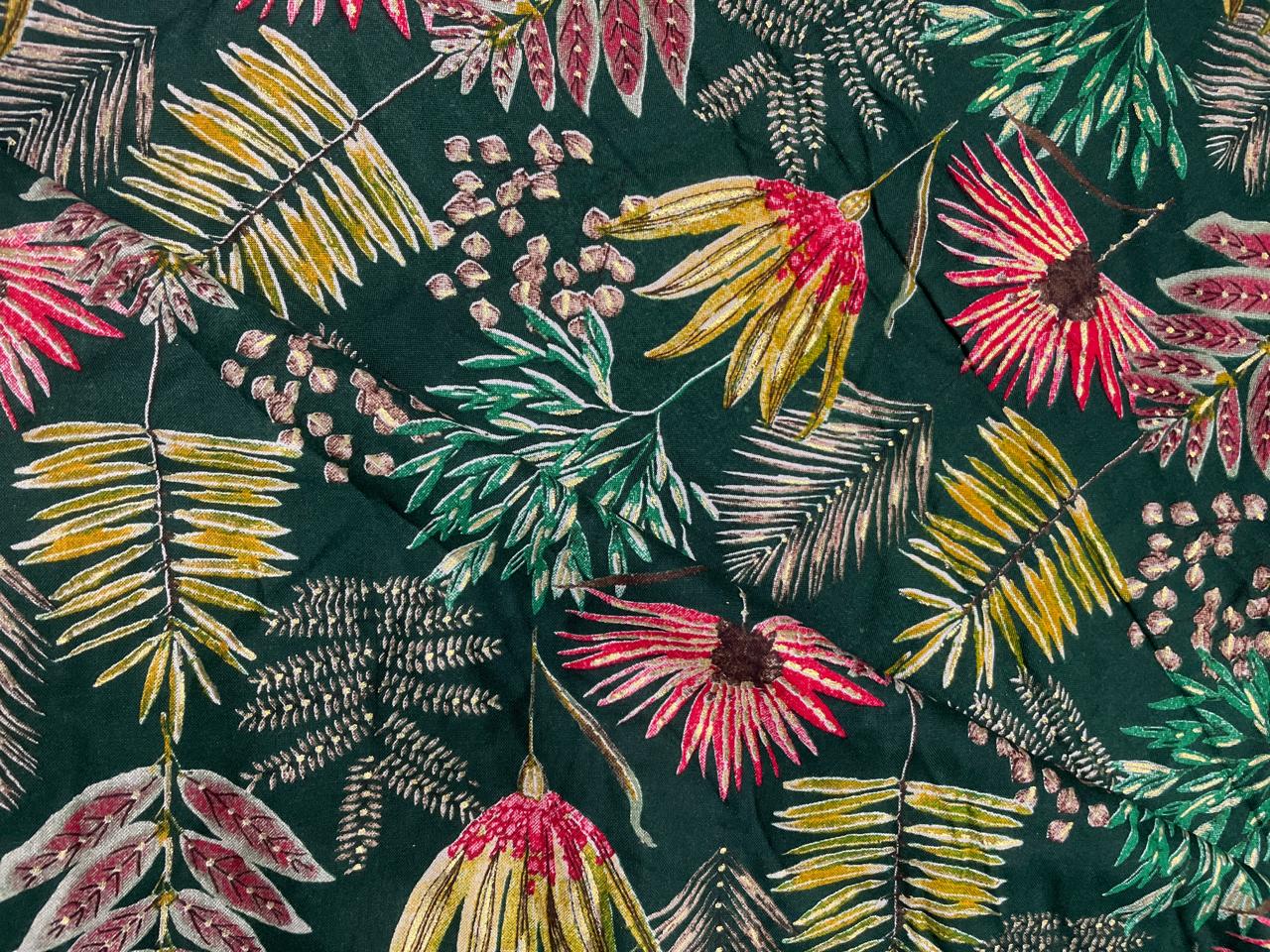 Dark Green Floral Cotton Rayon Fabric KTEX