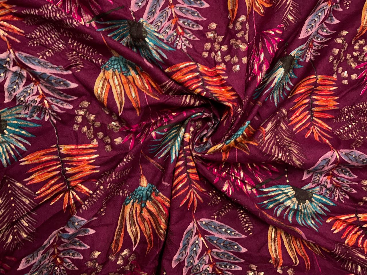 Maroon Floral Cotton Rayon Fabric KTEX