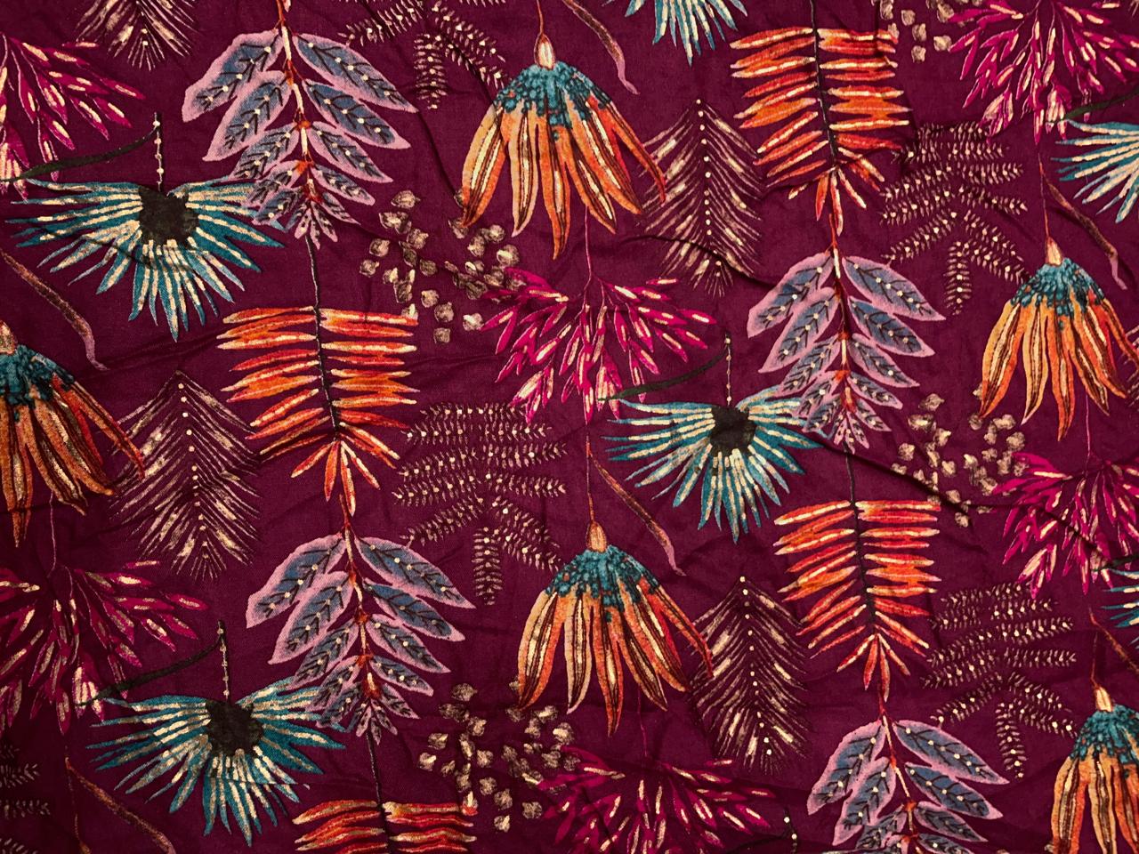 Maroon Floral Cotton Rayon Fabric KTEX
