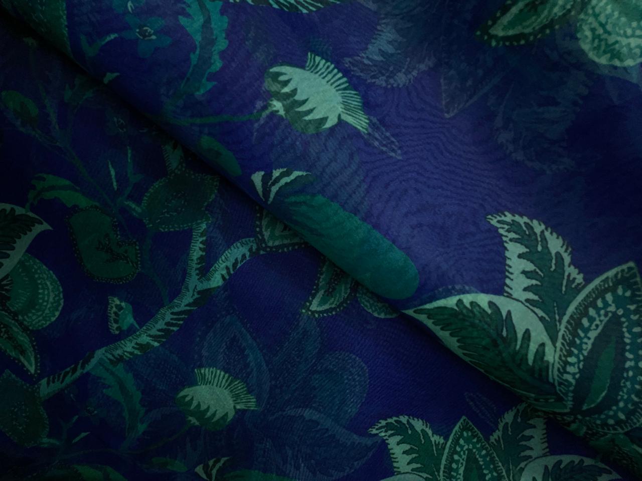 Navy Blue Green Floral Viscose Organza Fabric KTEX