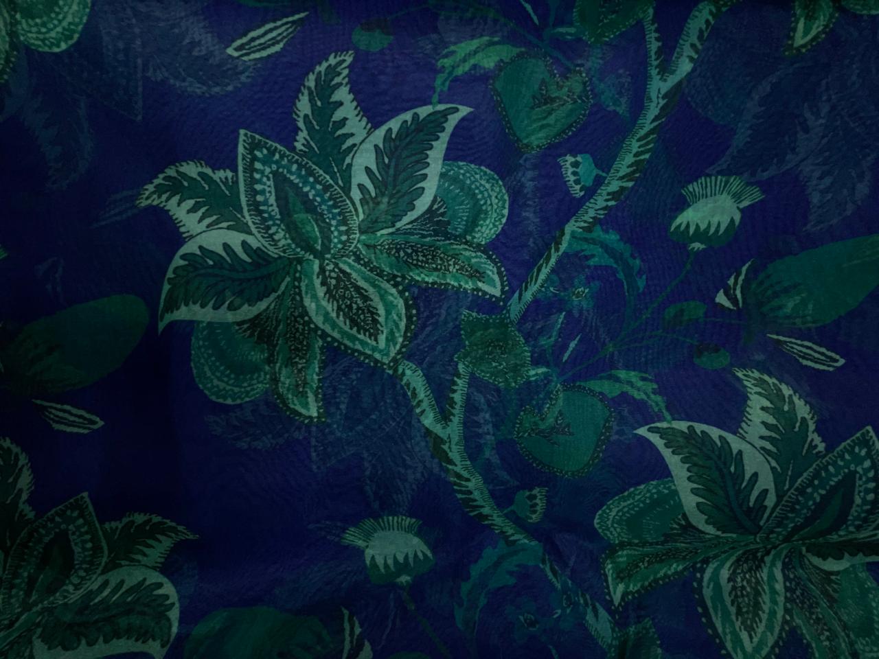 Navy Blue Green Floral Viscose Organza Fabric KTEX